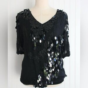 Vintage Oleg Cassini Black Sequin V-Neck Short Sleeve Top